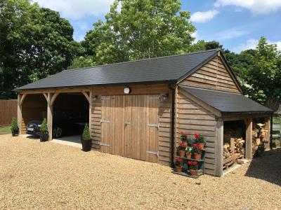 Pic 91. 6.0m x 5.4m Carriage House with 3.6m x 5.4m attached Garage & attached Log Store slate roof